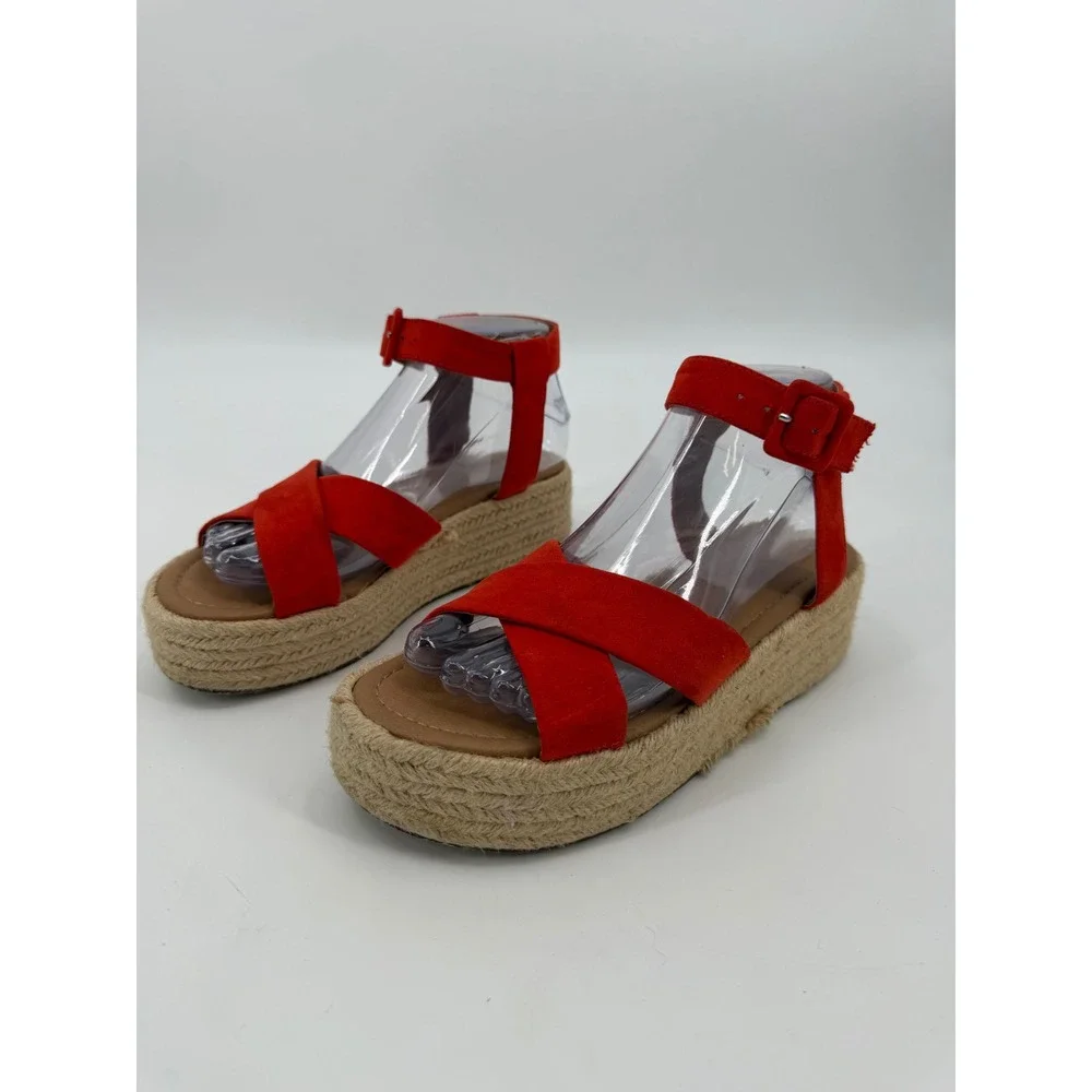Red Espadrille Platform Sandals Ankle Strap Crisscross Faux Suede Size 7
